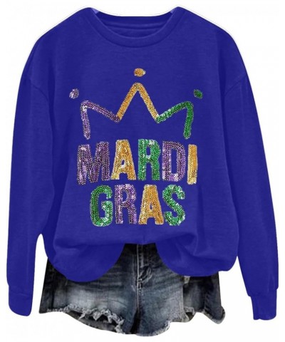 Mardi Gras Outfit for Women Long Sleeve Carnival Print Crew Neck Loose New Party Soft Comfy 2024 Tops H-blue $5.04 Shirts