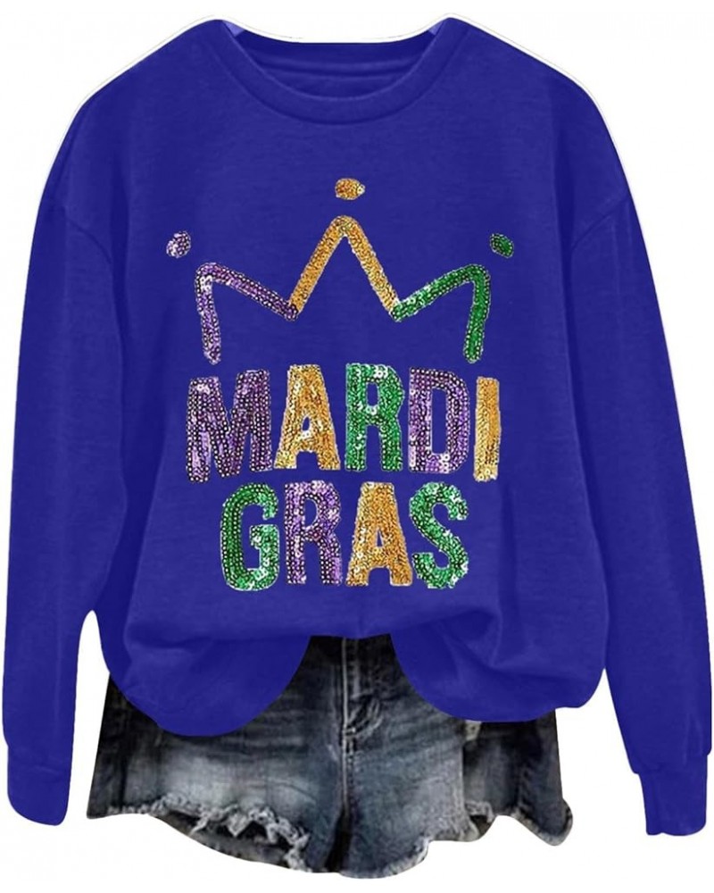 Mardi Gras Outfit for Women Long Sleeve Carnival Print Crew Neck Loose New Party Soft Comfy 2024 Tops H-blue $5.04 Shirts