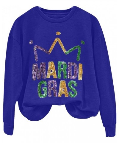 Mardi Gras Outfit for Women Long Sleeve Carnival Print Crew Neck Loose New Party Soft Comfy 2024 Tops H-blue $5.04 Shirts