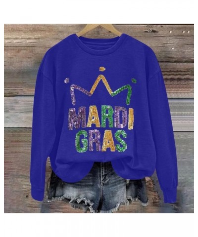 Mardi Gras Outfit for Women Long Sleeve Carnival Print Crew Neck Loose New Party Soft Comfy 2024 Tops H-blue $5.04 Shirts