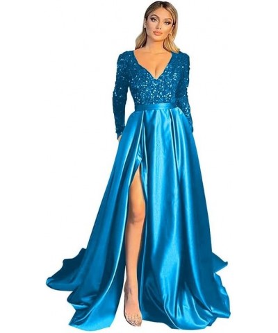 V Neck Long Sleeve Prom Dress Bridesmaid Dress A Line Sequin Satin Long Formal Ball Gowns Dress with Slit Light Blue $46.74 D...