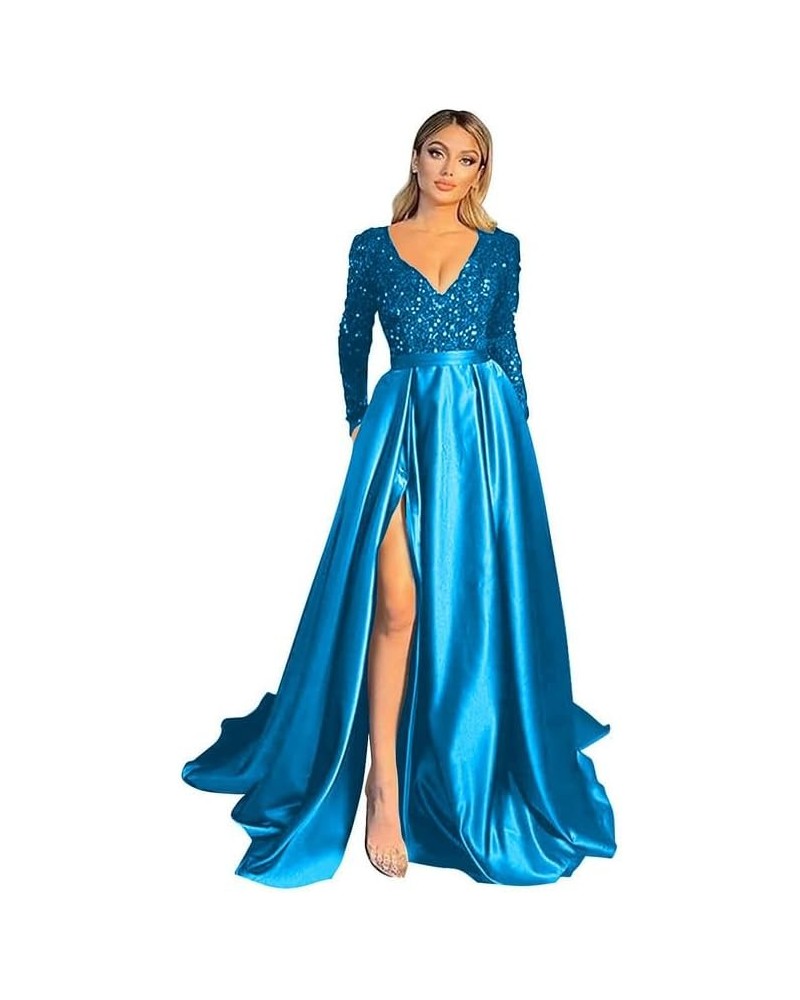 V Neck Long Sleeve Prom Dress Bridesmaid Dress A Line Sequin Satin Long Formal Ball Gowns Dress with Slit Light Blue $46.74 D...