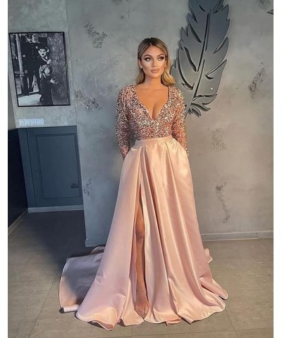 V Neck Long Sleeve Prom Dress Bridesmaid Dress A Line Sequin Satin Long Formal Ball Gowns Dress with Slit Light Blue $46.74 D...