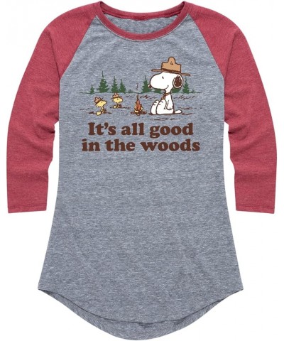 Peanuts - All Good in Woods - Women's Raglan Graphic T-Shirt Athletic Heather/Heather Wine $15.95 Activewear