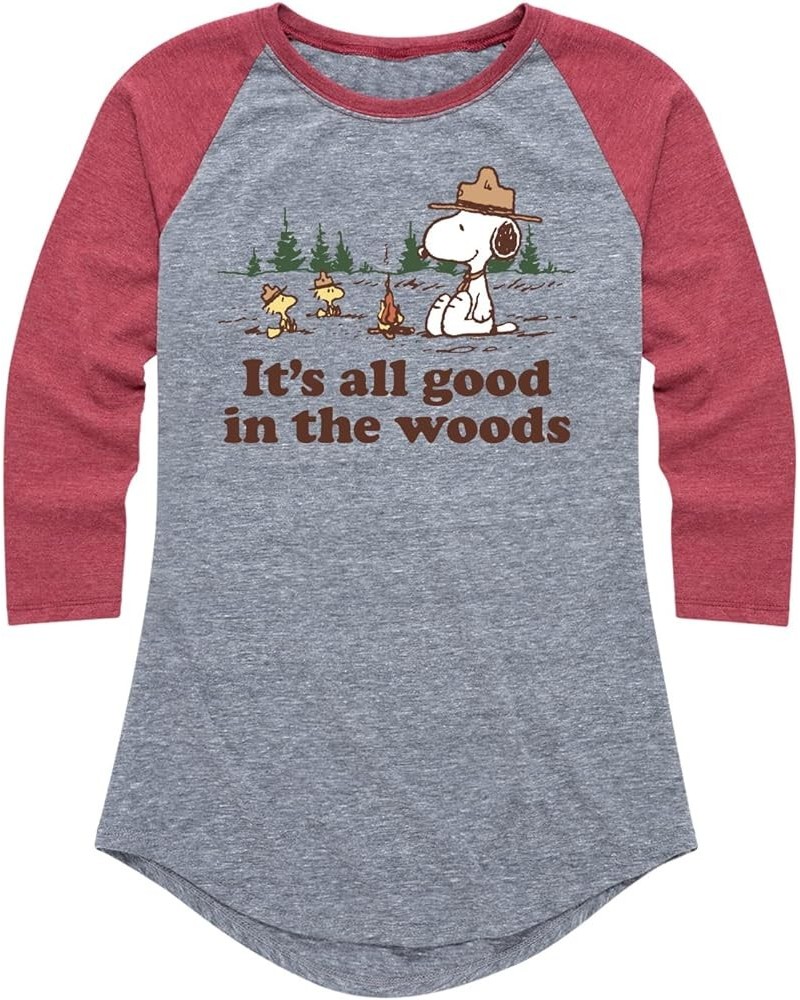 Peanuts - All Good in Woods - Women's Raglan Graphic T-Shirt Athletic Heather/Heather Wine $15.95 Activewear