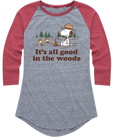 Peanuts - All Good in Woods - Women's Raglan Graphic T-Shirt Athletic Heather/Heather Wine $15.95 Activewear