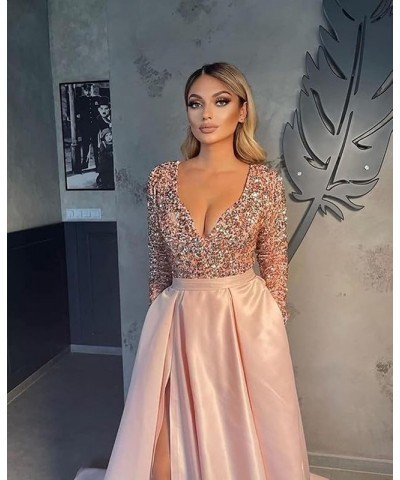 V Neck Long Sleeve Prom Dress Bridesmaid Dress A Line Sequin Satin Long Formal Ball Gowns Dress with Slit Light Blue $46.74 D...