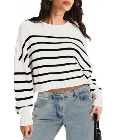 Women's Oversized Striped Ribbed Knit Cropped Sweaters Dropped Sleeve Fall Trendy Crop Top Pullover Sweatshirts S-white $10.7...