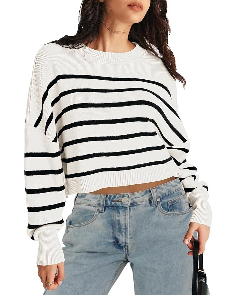 Women's Oversized Striped Ribbed Knit Cropped Sweaters Dropped Sleeve Fall Trendy Crop Top Pullover Sweatshirts S-white $10.7...