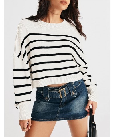 Women's Oversized Striped Ribbed Knit Cropped Sweaters Dropped Sleeve Fall Trendy Crop Top Pullover Sweatshirts S-white $10.7...