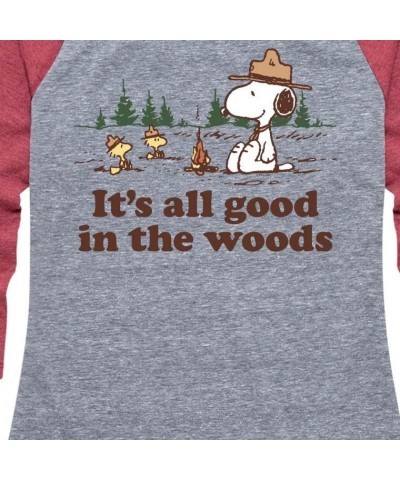 Peanuts - All Good in Woods - Women's Raglan Graphic T-Shirt Athletic Heather/Heather Wine $15.95 Activewear