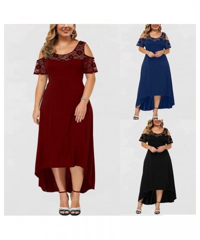 Womens Plus Size Lace Dresses Summer Cold Shoulder Solid Sundress Cocktail Party Ball Gown High Low Hem Dress Navy $8.85 Dresses