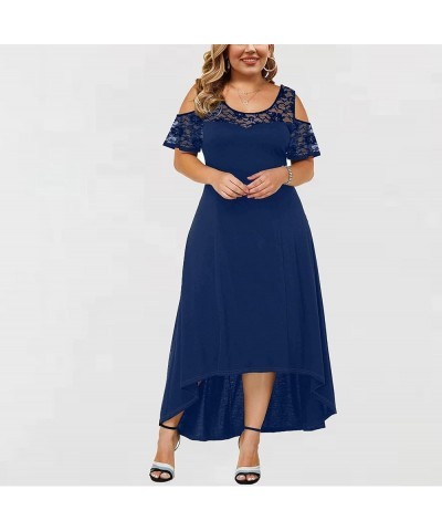 Womens Plus Size Lace Dresses Summer Cold Shoulder Solid Sundress Cocktail Party Ball Gown High Low Hem Dress Navy $8.85 Dresses