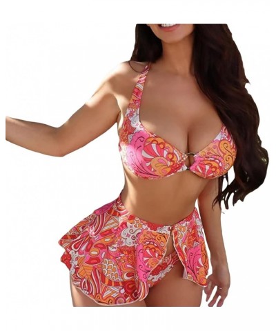 Women's 3 Pcs Bikini Sets Flower Printed Sexy Swimwear Suits Halter Tie-up Swim Bra High Waist Panty with Cover Skirt 36-flor...