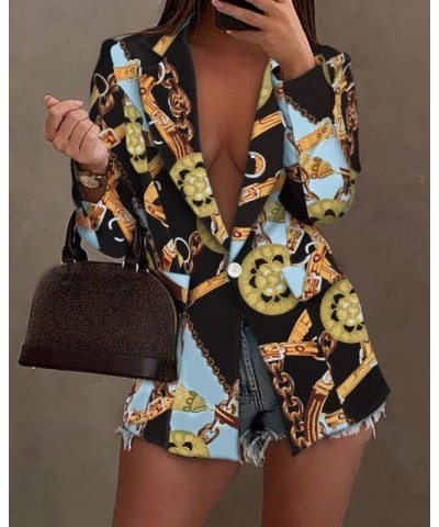 Women's Sexy Graphic Print Blazer Colorful Casual One Button Down Open Front Work Suit Jacket Boyfriend Blazer Pockets Gold C...