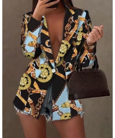 Women's Sexy Graphic Print Blazer Colorful Casual One Button Down Open Front Work Suit Jacket Boyfriend Blazer Pockets Gold C...