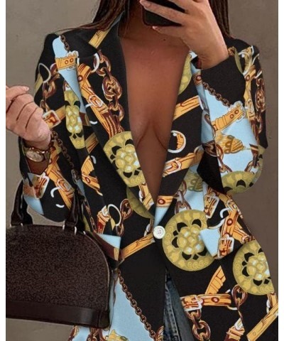 Women's Sexy Graphic Print Blazer Colorful Casual One Button Down Open Front Work Suit Jacket Boyfriend Blazer Pockets Gold C...