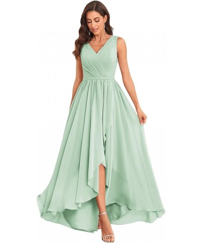 Women's High Low V Neck Bridesmaid Dresses Long with Slit Ruffle Pleated Chiffon Formal Dress Mint Green $35.69 Dresses