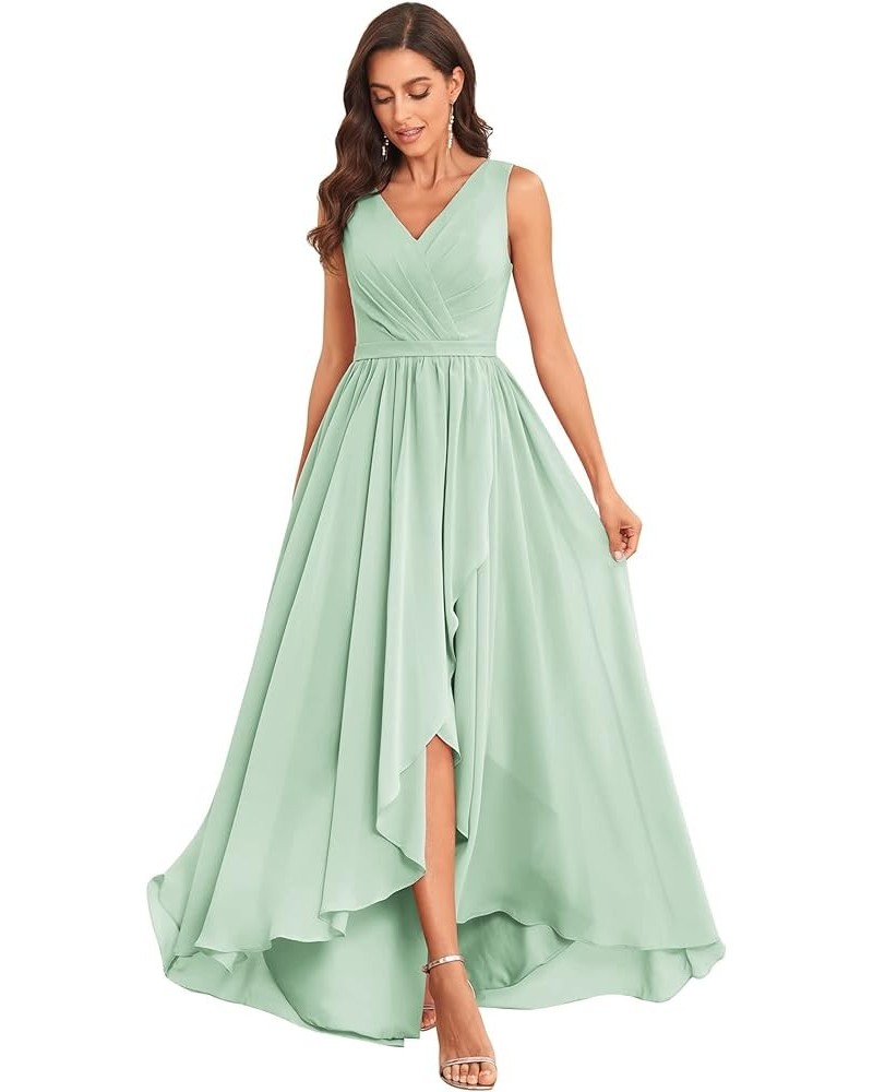 Women's High Low V Neck Bridesmaid Dresses Long with Slit Ruffle Pleated Chiffon Formal Dress Mint Green $35.69 Dresses