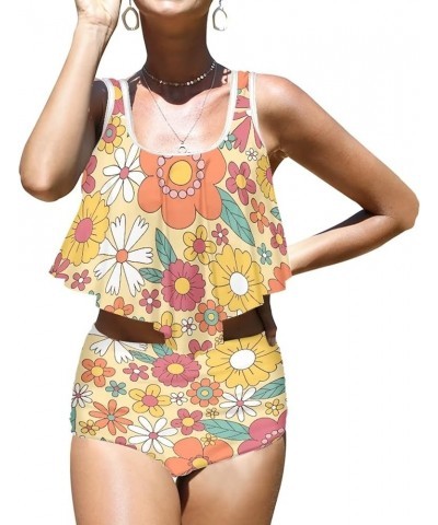 Women's Tankini Bathing Suits for Women Full Set 2 Pcs Surfing Swimsuit for Beach Orange Groovy Flower $14.70 Swimsuits