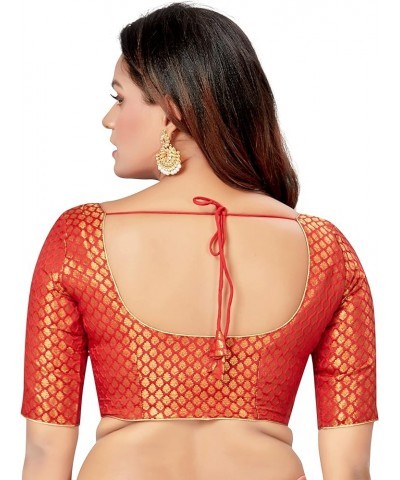 Traditional Banaras Brocade Readymade Saree Blouse With Elbow Length Sleeves Red $17.02 Blouses