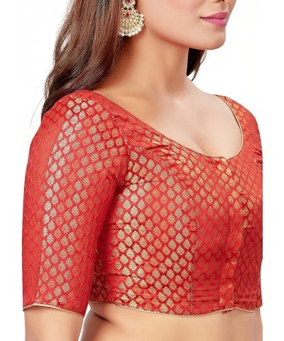 Traditional Banaras Brocade Readymade Saree Blouse With Elbow Length Sleeves Red $17.02 Blouses