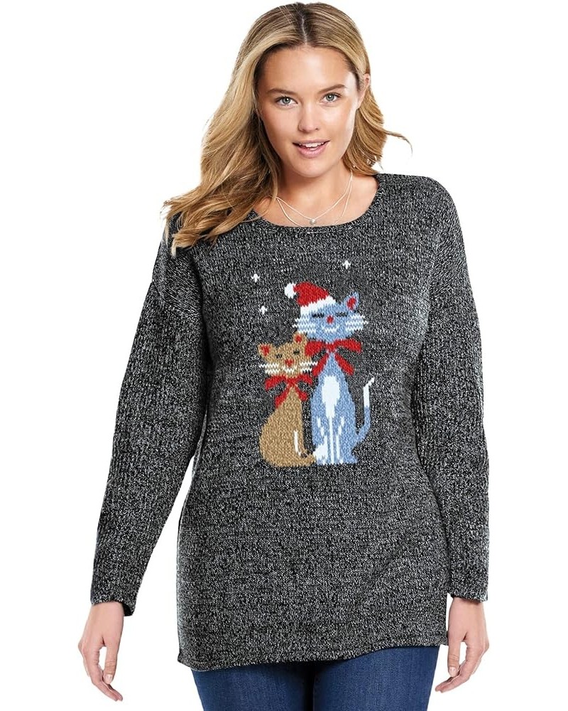 Women's Plus Size Motif Sweater Pullover Black Marled Cat $17.18 Sweaters