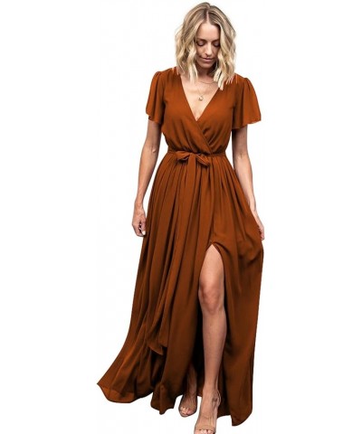 Women's V Neck Bridesmaid Dresses with Sleeves A Line Chiffon Long Formal Slit Evening Party Gowns Burnt Orange $35.20 Dresses