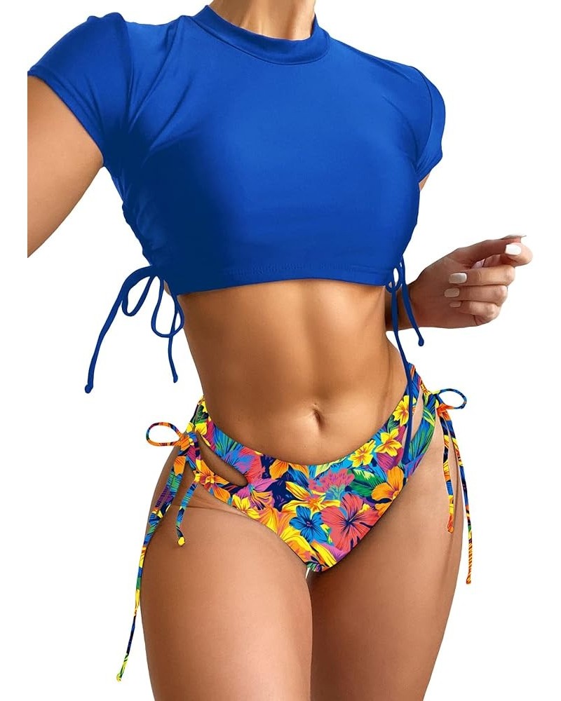 Women's Short Sleeve Rash Guard Swimsuit Cut Out Tie Side 2 Piece Bathing Suit Blue Floral $15.84 Swimsuits