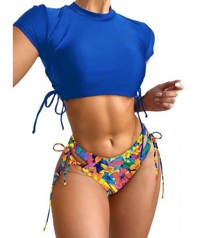 Women's Short Sleeve Rash Guard Swimsuit Cut Out Tie Side 2 Piece Bathing Suit Blue Floral $15.84 Swimsuits