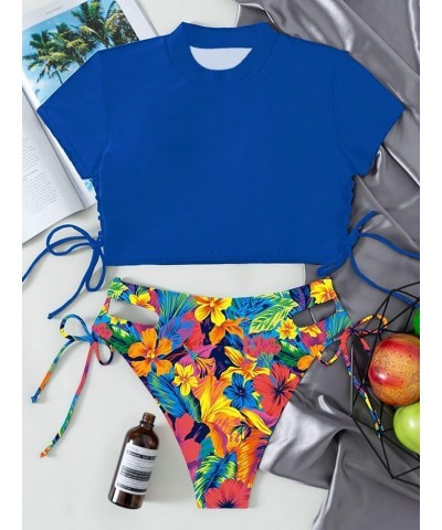 Women's Short Sleeve Rash Guard Swimsuit Cut Out Tie Side 2 Piece Bathing Suit Blue Floral $15.84 Swimsuits