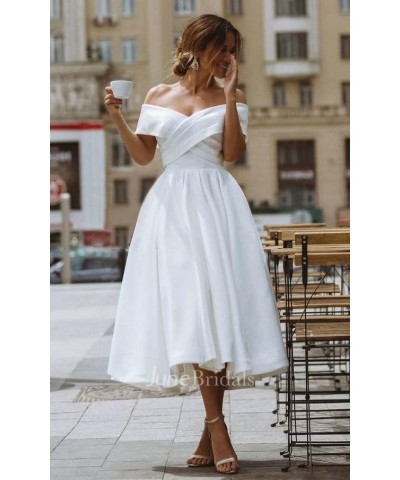 Women's Off Shoulder Prom Dresses Backless Ruched Satin Formal Evening Ball Gowns Wedding Party Dress with Pockets Dusty Blue...