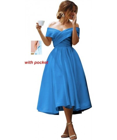 Women's Off Shoulder Prom Dresses Backless Ruched Satin Formal Evening Ball Gowns Wedding Party Dress with Pockets Dusty Blue...