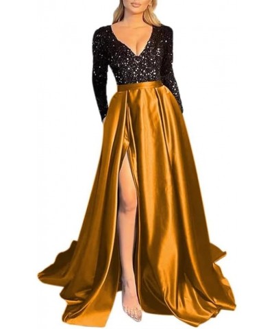 Women's Sequin Long Sleeves Prom Dresses Satin with Slit Formal Evening Party Gowns with Pockets Blackdarkgold $35.25 Dresses