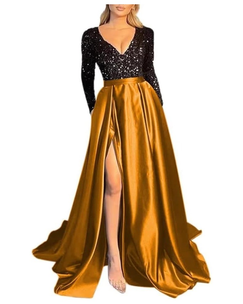 Women's Sequin Long Sleeves Prom Dresses Satin with Slit Formal Evening Party Gowns with Pockets Blackdarkgold $35.25 Dresses