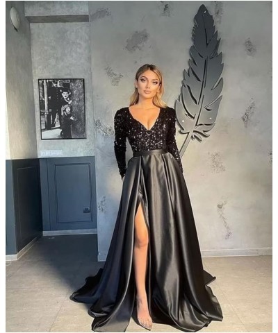 Women's Sequin Long Sleeves Prom Dresses Satin with Slit Formal Evening Party Gowns with Pockets Blackdarkgold $35.25 Dresses