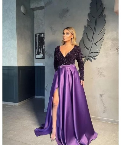 Women's Sequin Long Sleeves Prom Dresses Satin with Slit Formal Evening Party Gowns with Pockets Blackdarkgold $35.25 Dresses