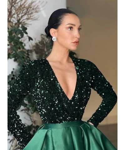 Women's Sequin Long Sleeves Prom Dresses Satin with Slit Formal Evening Party Gowns with Pockets Blackdarkgold $35.25 Dresses