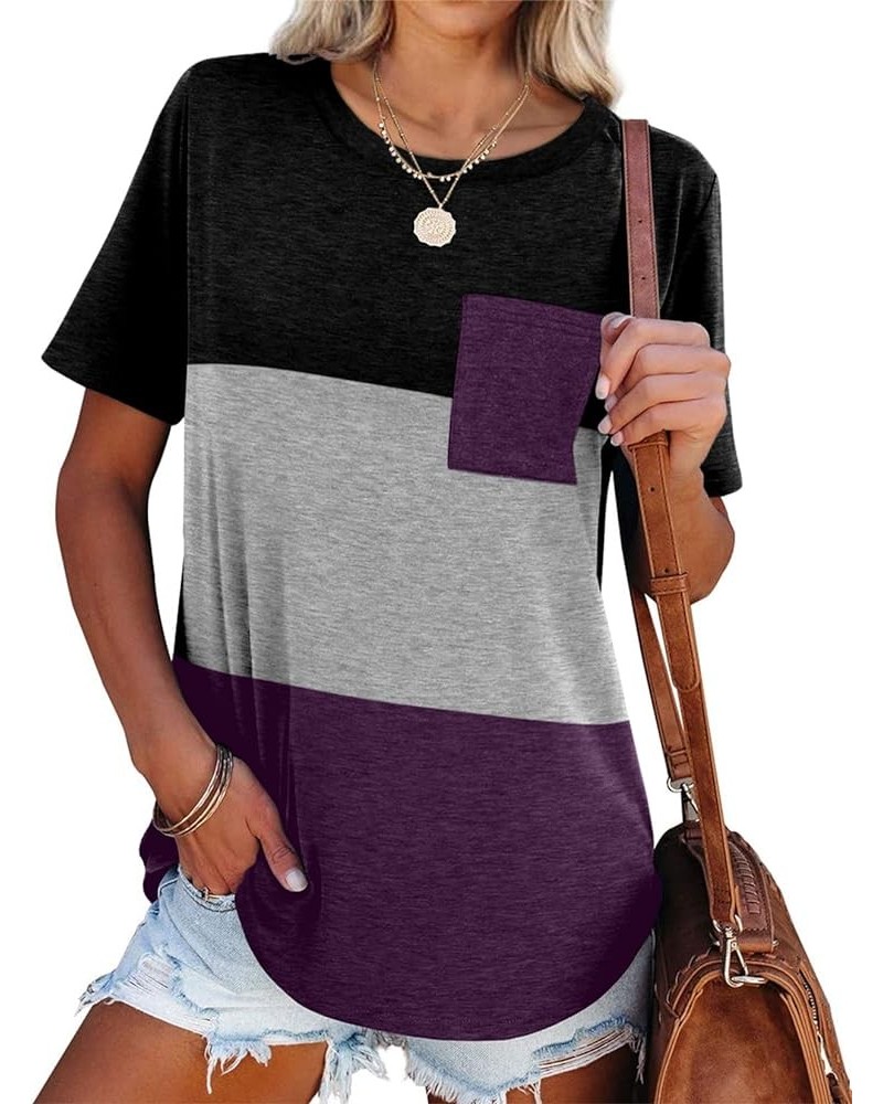 Women's Crewneck Short Sleeve T Shirt with Pocket Summer Color Block Tunic Tops Loose Fit Black Grey Purple $13.19 T-Shirts