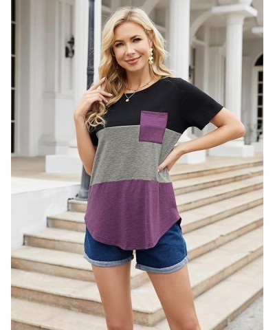 Women's Crewneck Short Sleeve T Shirt with Pocket Summer Color Block Tunic Tops Loose Fit Black Grey Purple $13.19 T-Shirts