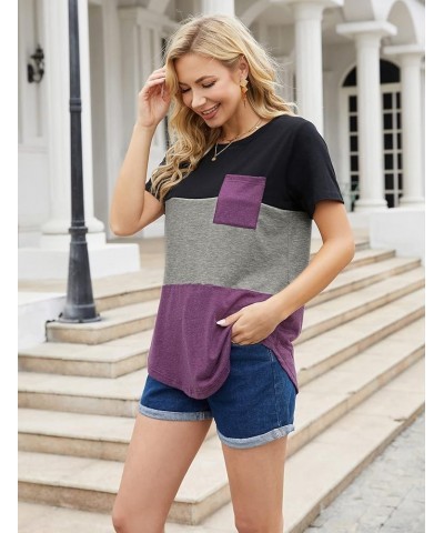 Women's Crewneck Short Sleeve T Shirt with Pocket Summer Color Block Tunic Tops Loose Fit Black Grey Purple $13.19 T-Shirts