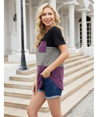 Women's Crewneck Short Sleeve T Shirt with Pocket Summer Color Block Tunic Tops Loose Fit Black Grey Purple $13.19 T-Shirts