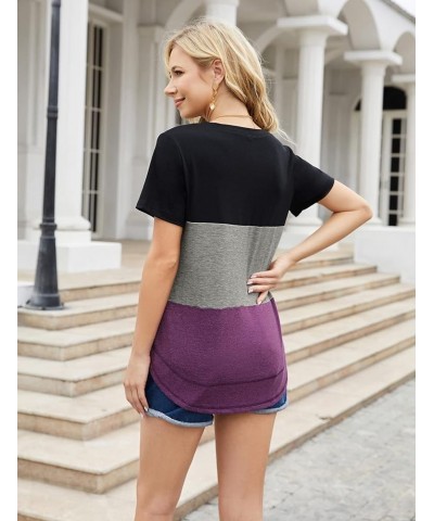 Women's Crewneck Short Sleeve T Shirt with Pocket Summer Color Block Tunic Tops Loose Fit Black Grey Purple $13.19 T-Shirts