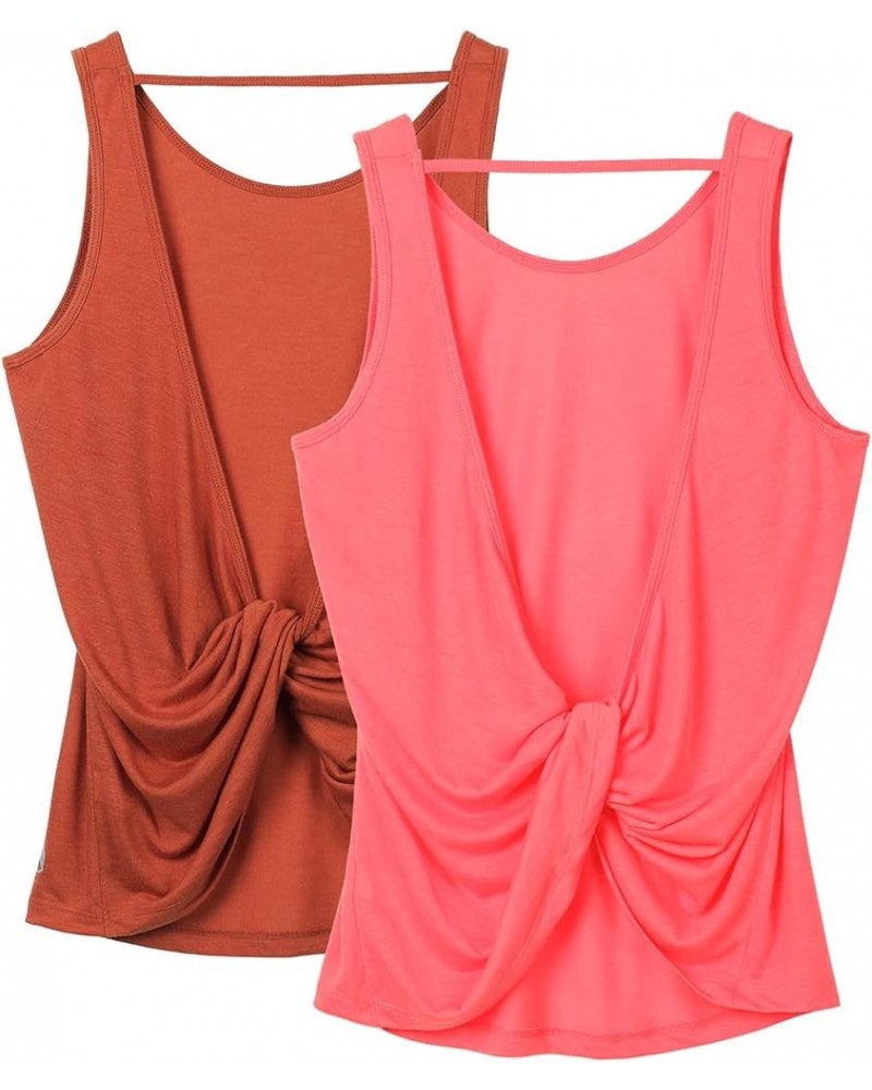 Women's Open Back High Neck Workout Athletic Gym Tank Tops Dusty Orange/Neon Pink $10.99 Activewear