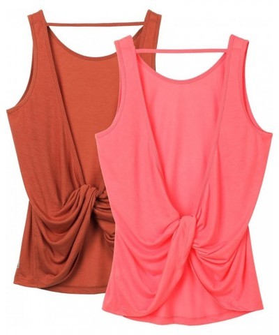 Women's Open Back High Neck Workout Athletic Gym Tank Tops Dusty Orange/Neon Pink $10.99 Activewear