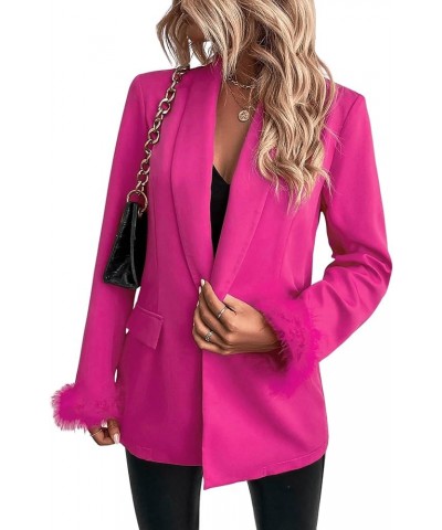 Women's Fuzzy Cuff Single Button Lapel Collar Long Sleeve Blazer Jacket Coat Hot Pink $22.87 Blazers