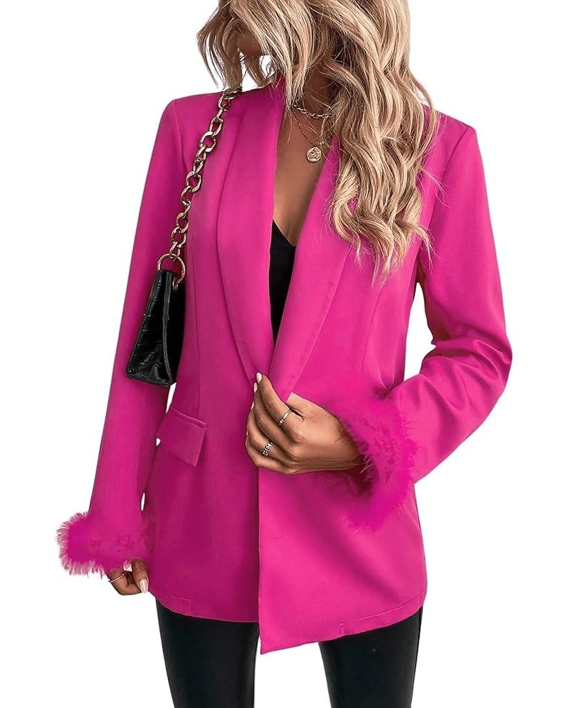 Women's Fuzzy Cuff Single Button Lapel Collar Long Sleeve Blazer Jacket Coat Hot Pink $22.87 Blazers