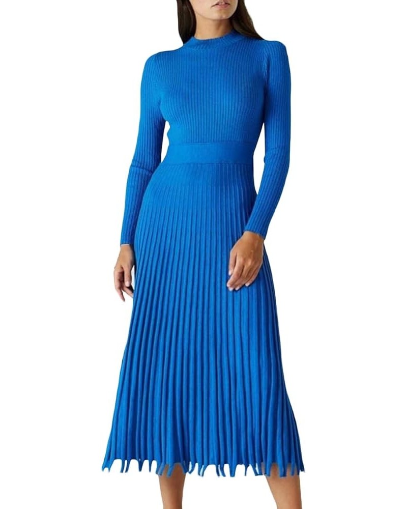 Women's Turtleneck Ribbed Fit and Flare Knit Bodycon Long Sleeve Top Pleated Skirt Maxi Party Sweater Dress Blue $20.70 Sweaters