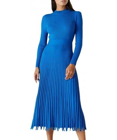 Women's Turtleneck Ribbed Fit and Flare Knit Bodycon Long Sleeve Top Pleated Skirt Maxi Party Sweater Dress Blue $20.70 Sweaters