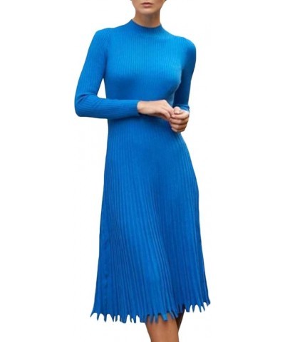 Women's Turtleneck Ribbed Fit and Flare Knit Bodycon Long Sleeve Top Pleated Skirt Maxi Party Sweater Dress Blue $20.70 Sweaters